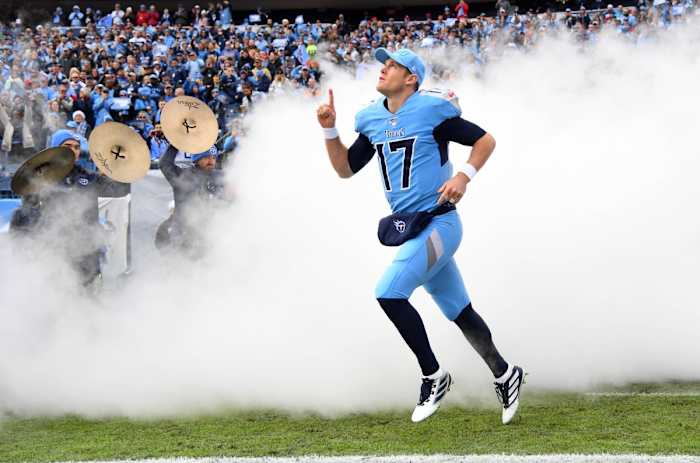 Tennessee Titans quarterback Ryan Tannehill (17) during player introductions before the game against the Houston Texans at Nissan Stadium.